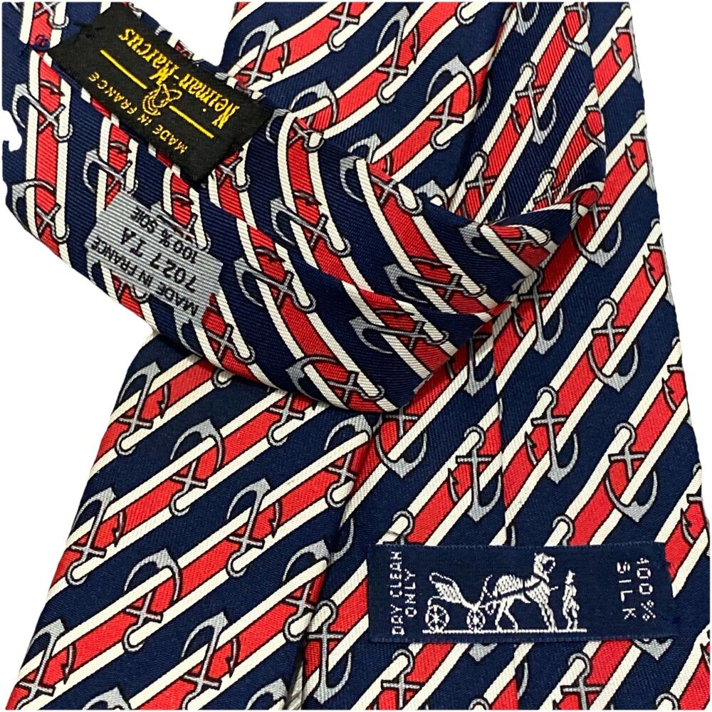 Hermes Men's Tie Nautical Anchors Red White Blue Gray Black Silk 3.25" W X 55" L - Picture 4 of 6